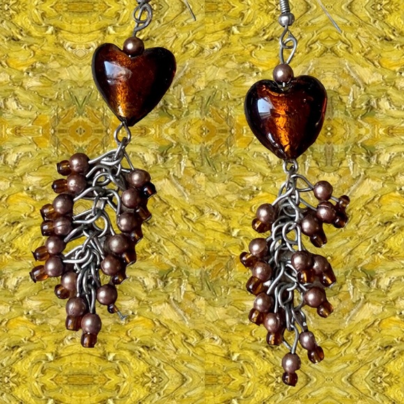 Amber Glass Heart & Glass Bead Cluster Dangle Pierced Earring Woman’s Jewelry - Picture 3 of 11